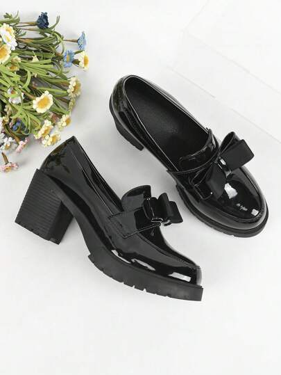 Women's Black High Heels Platform Shoes Thick Heel Patent Leather Business Loafers With Waterproof Sole Valentines