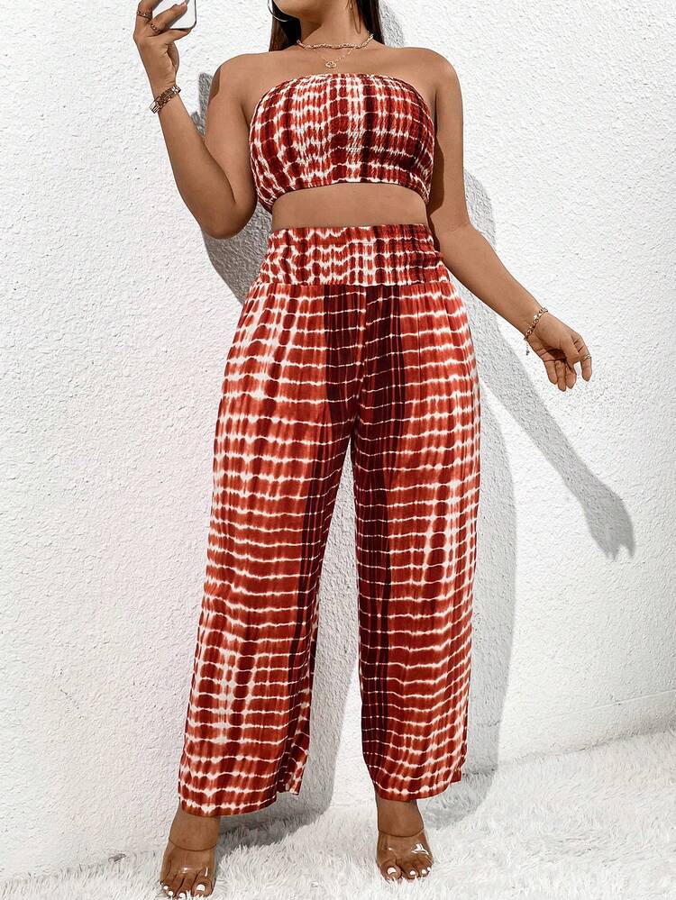 Plus Size Women's Tie-Dye Strapless Top And Pants Set