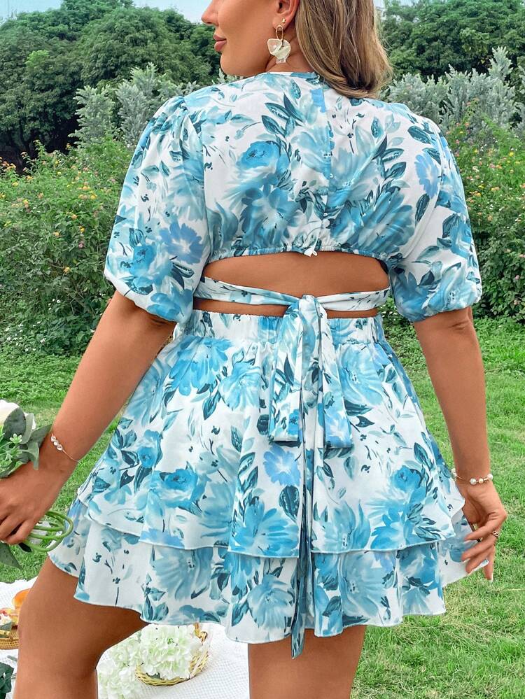 Plus Size Floral Printed Sleeveless Double-Layer Hem Dress With Open Back