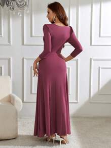 Modelyn Women's V-Neck Ruched Detail Dress, Wedding Guest Dress - Purple - View 2