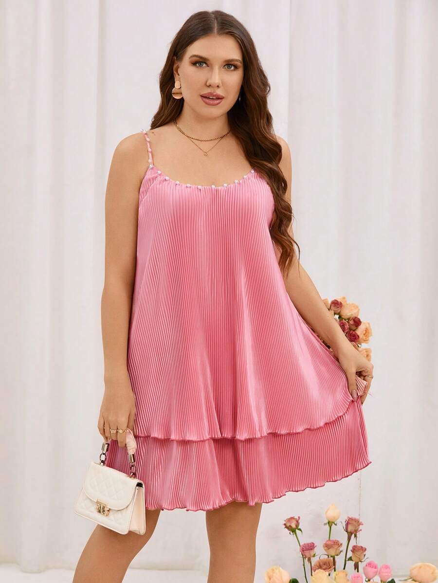 SHEIN Clasi Kích thước lớn Xếp li Đồ trang trí Ngọc Trai giả Dây đeo Đầm - Hồng - Xem 1