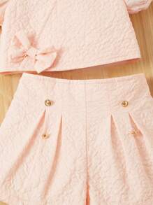 SHEIN 女嬰純色紋理短袖上衣短褲帽子套裝搭配蝴蝶結裝飾 - 玫紅色 - 查看 4