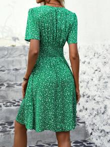 SHEIN VCAY 女款泡泡袖通體印花印花洋裝 - 綠色 - 查看 2