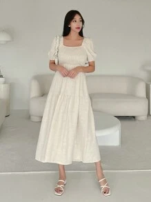 DAZY Women's Square Neckline Short Puff Sleeve Shirred Dress Sundress Linen - Apricot - View 1