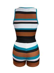 LovelyWholesale Women's Summer Fashion Color Block Striped Fitted Crop Cami & Mini Shorts 2 Pieces Set - Multicolor - View 4