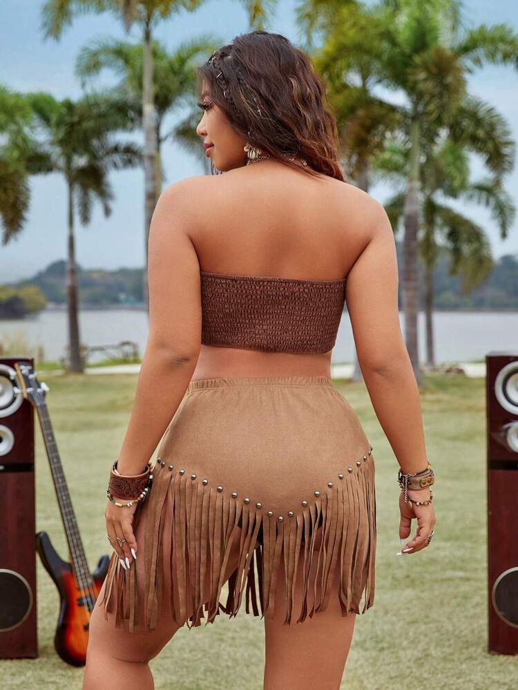 Plus Size Tube Top With Tassels, Braided Straps And Multiple Accessories
