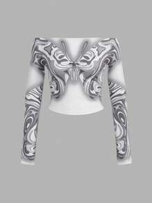 SHEIN ICON Y2k Spring Slim Fit Butterfly Printed Off-Shoulder Women's T-Shirt With Illusion Liquid Design - Black and White - View 8