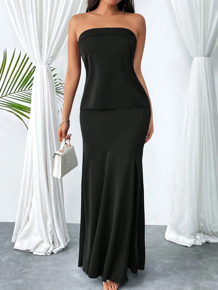 Ladies' Two Pieces Solid Color Backless Bandeau Top And High Slit Mermaid Skirt Set