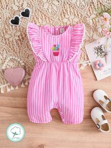 SHEIN Baby Girl's Casual & Elegant & Vintage & Cute & Fun Flower Embroidered Romper With Pink Stripes, Perfect For Spring & Summer Outings