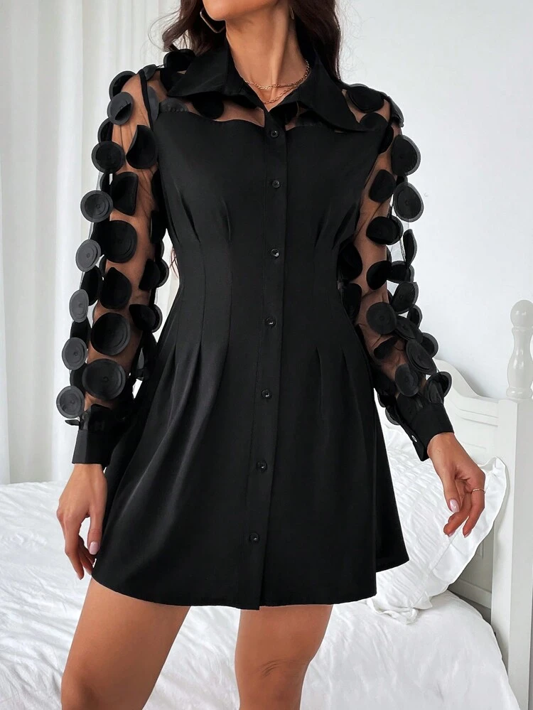 Embroidery Mesh Contrast Front Buckle Pleated Dress Fall Cloth For Women