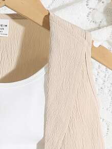 SHEIN Genkimix Kids Young Girls' Sleeveless Jacket & Bow Belt & Shorts Casual Fashion Suit For Daily Wear Summer Holiday