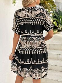 SHEIN LUNE Vestido de muñeca asimétrico estampado bohemio para mujeres, vacaciones de verano - Negro - Ver 2