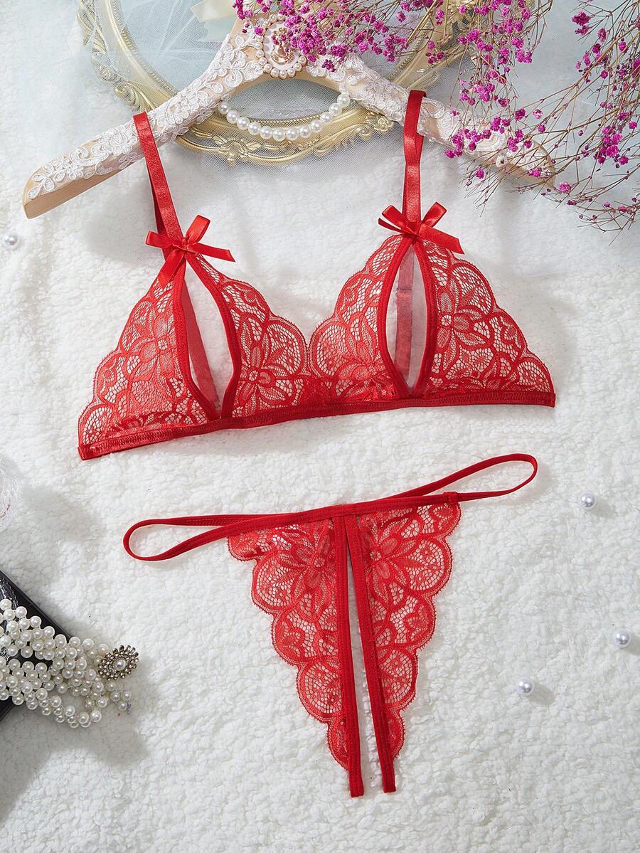 SHEIN 花卉蕾丝镂空内衣套装 Bridallingerie，Baddie Look - 紅色 - 查看 1