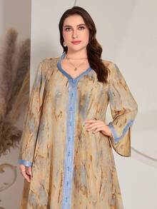 大码女式优雅拼接丝带V领宽松随机印花连衣裙，适合节日、派对、休闲穿着，柔软舒适，亲肤，袖子拼接丝带，视觉开衩效果