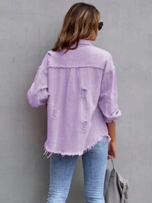 女式時尚寬鬆長袖破洞牛仔襯衫上衣外套 - 淡紫色 - 查看 2