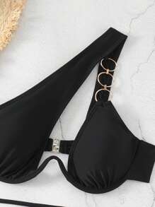 Swim SXY Summer Beach Women's Solid Color Hollow Out Chain Decor Bikini Set - Black - View 6