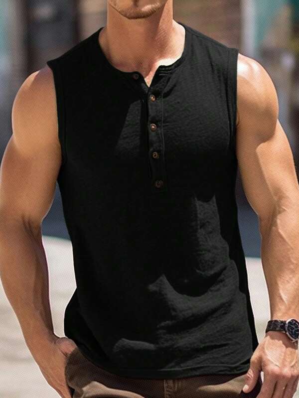 Manfinity RelaxMax Męski podkoszulek w jednolitym kolorze, zapinany na pół guziki