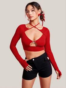 SHEIN PETITE Của phụ nữ Dây chéo Cái cổ Xu hướng: Cắt giảm Áo - Đỏ - Xem 1