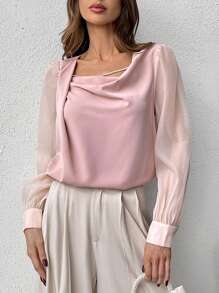 SHEIN Privé Giải trí Áo cổ bò Chèn Lace mỏng Áo sơ mi - Hồng - Xem 1