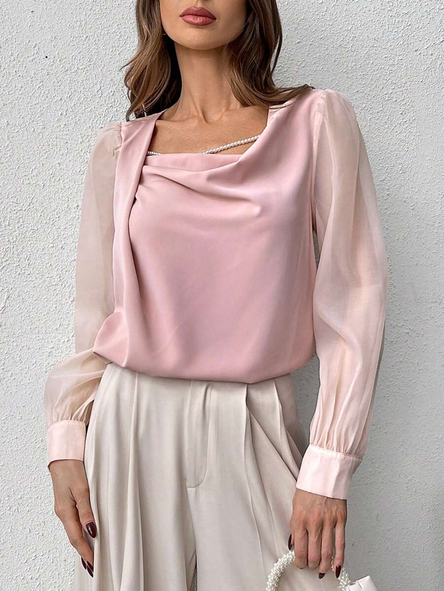 SHEIN Privé Giải trí Áo cổ bò Chèn Lace mỏng Áo sơ mi - Hồng - Xem 1
