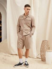 Manfinity VCAY 男士長袖梭織休閒襯衫和短褲 2 件/套 - 棕色 - 查看 4