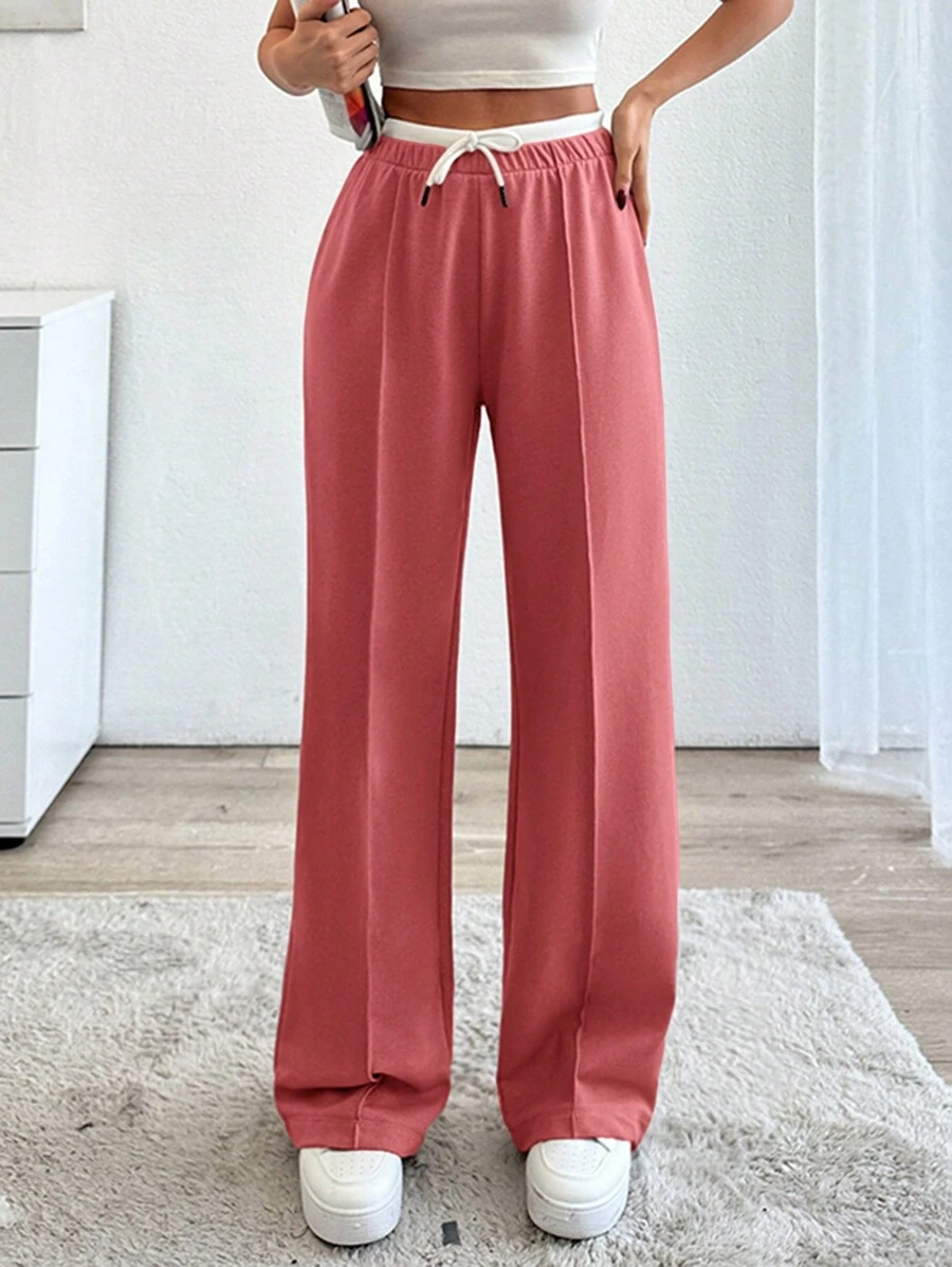 SHEIN Cottnline Drawstring Waist Pants - Watermelon Pink - View 1