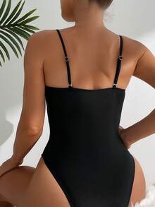 SHEIN Swim 豹紋拼接蕾絲單肩泳裝 - 彩色 - 查看 2