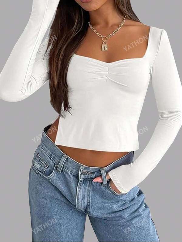 Blusa corta con mangas largas, cuello con strass, abertura lateral fruncida, estilo Y2K para primavera/verano