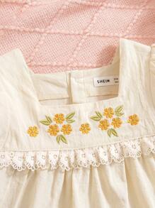 SHEIN 少女刺繡編織圓領上衣和寬腿短褲套裝 - 杏色 - 查看 5