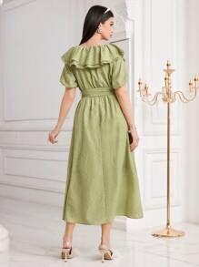 Modelyn 女用紋理燈籠袖連身裙 - 橄欖綠 - 查看 2