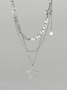 ROMWE Goth 2 Unids/set Collares De Perlas De Imitación Con Colgante De Estrella De Estilo Punk A La Moda - Plateado - Ver 1
