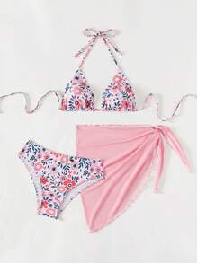 Swim Mod Summer Beach Women's Floral Printed Halter Neck Tie Bikini Set