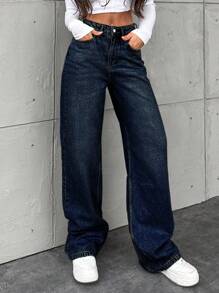 EURMUSE High Waisted Straight Leg Casual Jeans - Dark Wash - View 5