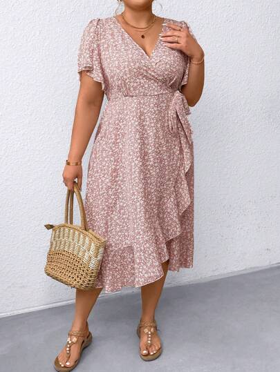 EMERY ROSE Klänning i plusstorlek för kvinnor med omlottringning med volang fåll och knytband i midjan, med litet blomtryck för sommaren