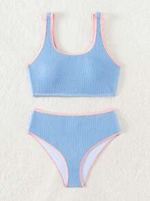 SHEIN Tween Girl's Bikini Set With Textured Wavy Pattern And Color Block, Edging Decor, Bathing Suit Beach Outfit Summer Vacation Summer Beach - Baby Blue - View 5