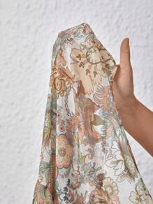 SHEIN VCAY Women's Floral Print Tie Front Flare Sleeve Shirt - White - View 7