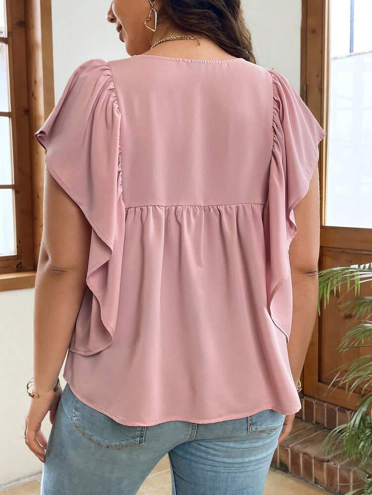 Plus Size Women's Solid Color Single Breasted Shirt With Ruffle Hem
