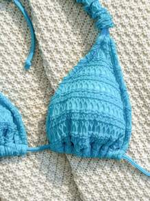SHEIN Swim Solid Color Textured Halterneck Bikini Set, Thong Bikini Two Piece Swimwear Bathing Suit Beach Outfit Summer Vacation - Blue - View 4