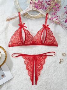SHEIN 花卉蕾丝镂空内衣套装 Bridallingerie，Baddie Look - 紅色 - 查看 3