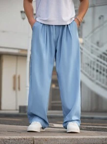 Manfinity Hypemode 男士纯色斜口袋裤，外出时尚纯色长款加大码抽绳裤，适合送给老公、男朋友的礼物 - 淺藍色 - 查看 3