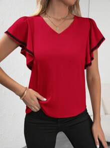SHEIN Clasi 女士拼色蕾丝花朵缀饰荷叶边衬衫、短袖上衣 - 紅色 - 查看 3