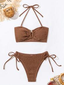 Swim Mod Conjunto de bikini de dos piezas de unicolor sin tirantes para mujer, conjunto de bikini bandeau con tiras, traje de baño, atuendo para playa, festival de música de verano, playa de verano