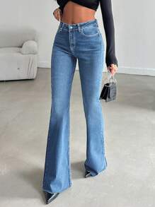 EURMUSE 98%Cotton Women's Solid Color Minimalist Jeans - Medium Wash - View 5