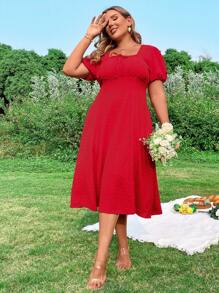 Flirla Plus Size Women's Solid Color Square Neck Short Puff Sleeve Dress - Red - View 6