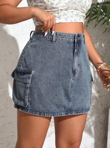 Plus Size Women's Cargo Denim Skirt With Pockets - Blue - View 6