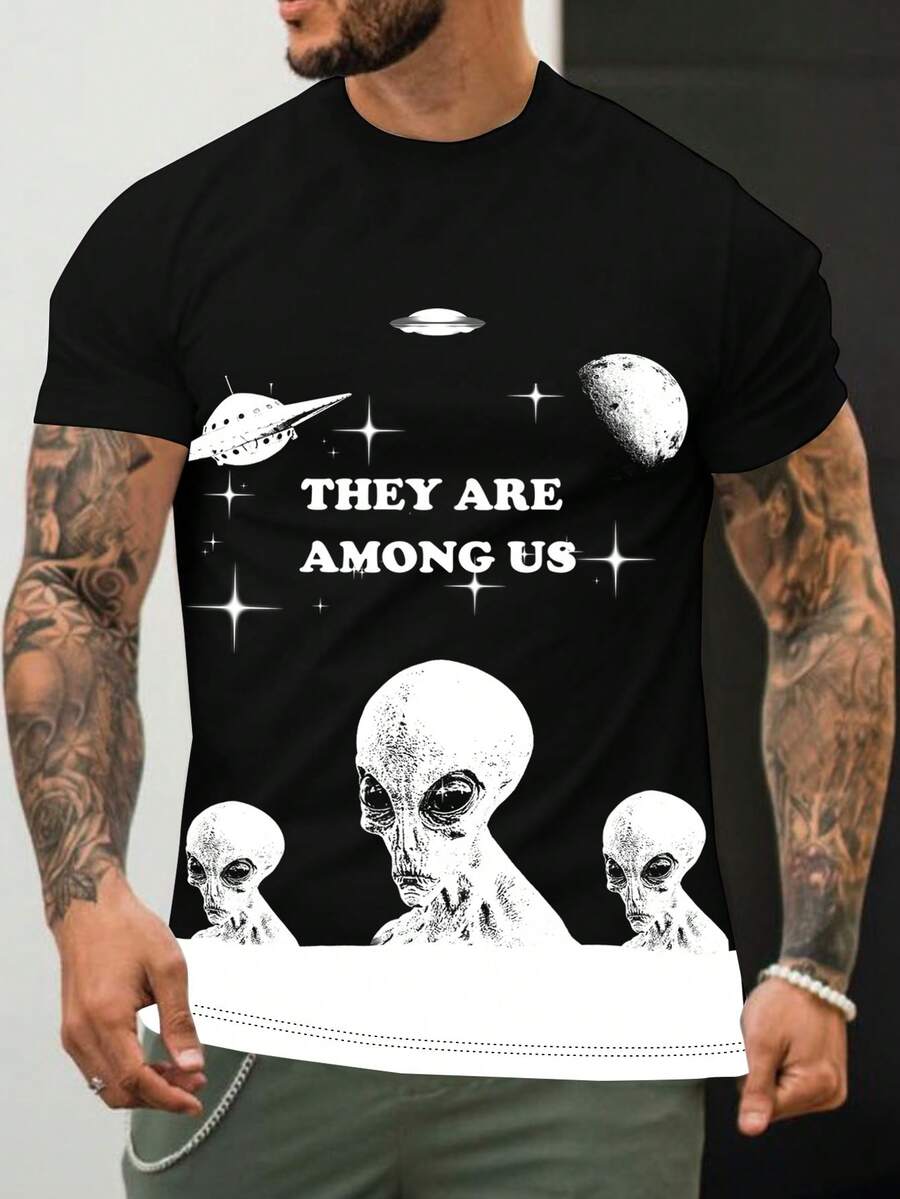 Manfinity Homme Men'S Alien Slogan Print T-Shirt - Black - View 1
