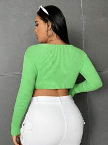 Flirla Cardigan Court Croisé De Grande Taille De Couleur Unie - Vert - Voir 2