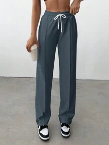 RueChic Solid Drawstring Waist Sweatpants - Grey - View 3