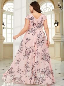 Plus Floral Print Ruffle Trim Belted Bridesmaid Dress - Pink - View 3