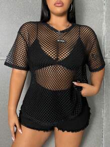Flirla 大尺碼女式透視漁網上衣 - 黑色 - 查看 6